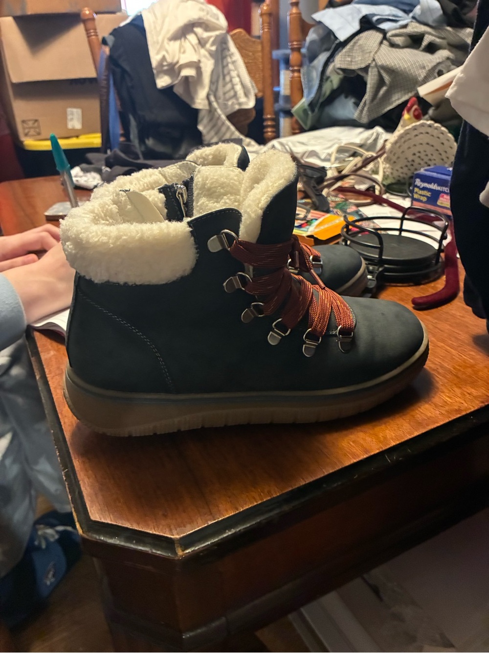 Bjorndal Navy Ankle Booties with Cream Sherpa Collar and Brown Laces